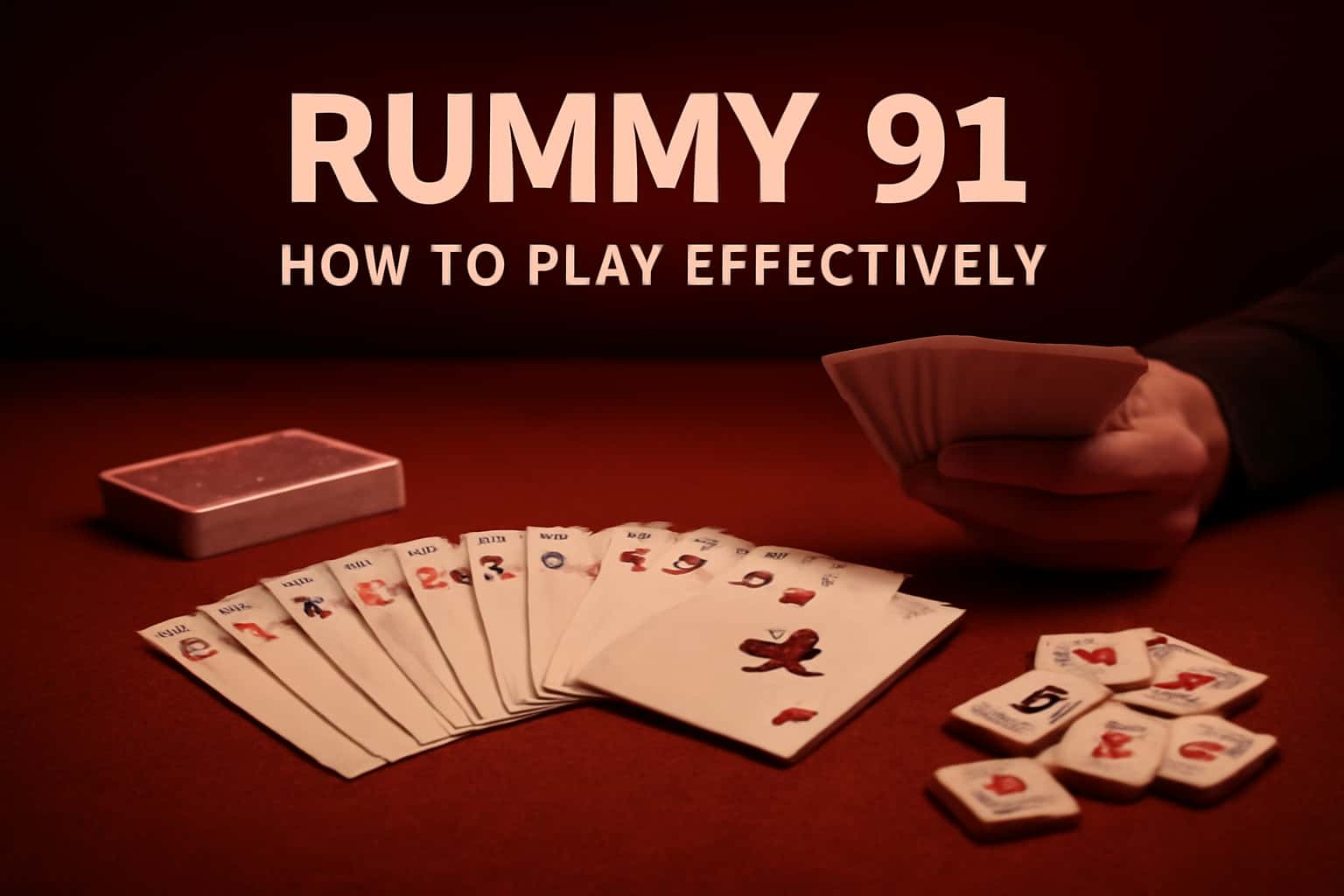 A visual representation of how to play Rummy 91, featuring card setups and game elements.