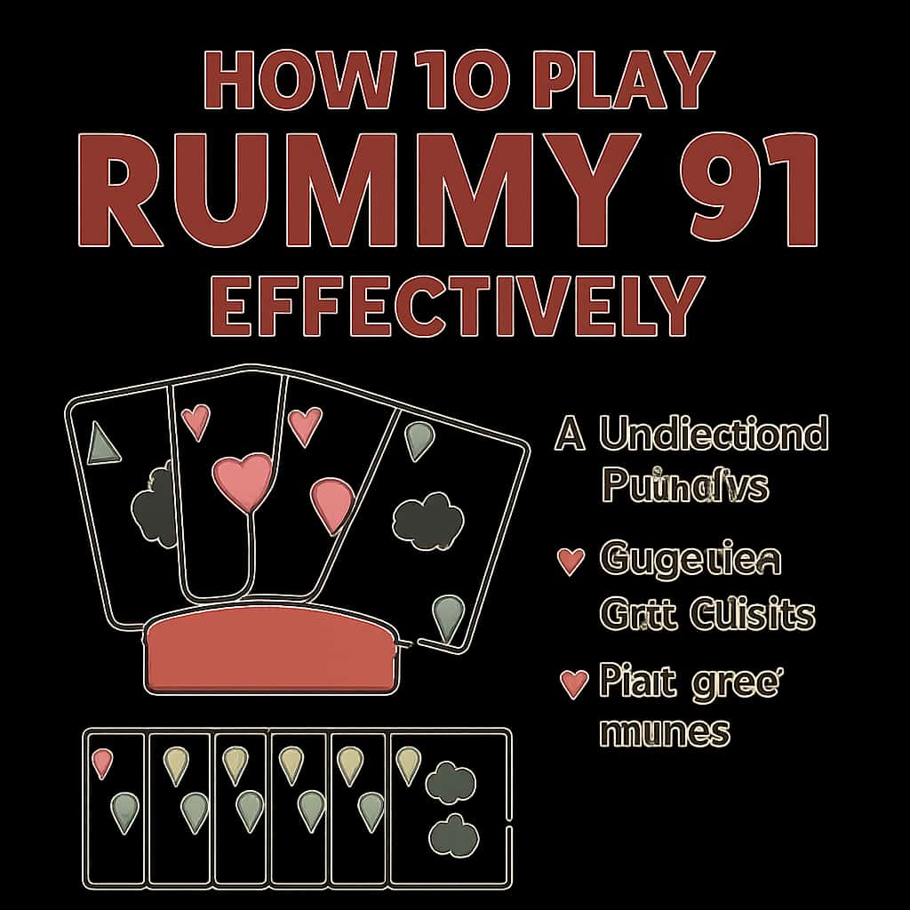 An educational illustration showing the rules and strategies for Rummy 91.