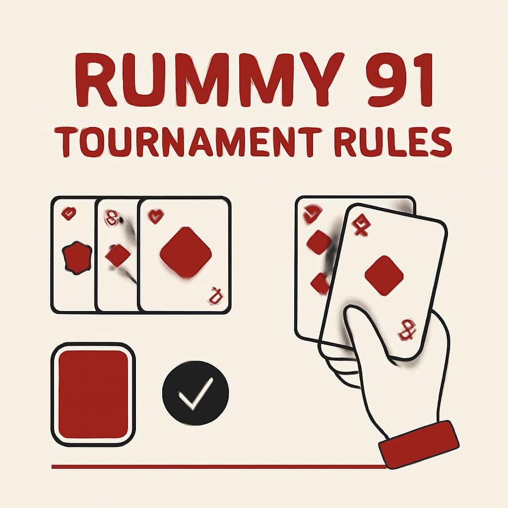 An educational illustration demonstrating Rummy 91 tournament rules.