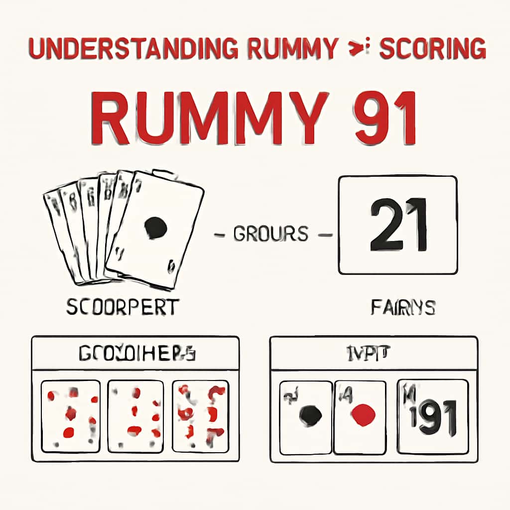 An educational diagram detailing Rummy 91 scoring mechanisms.