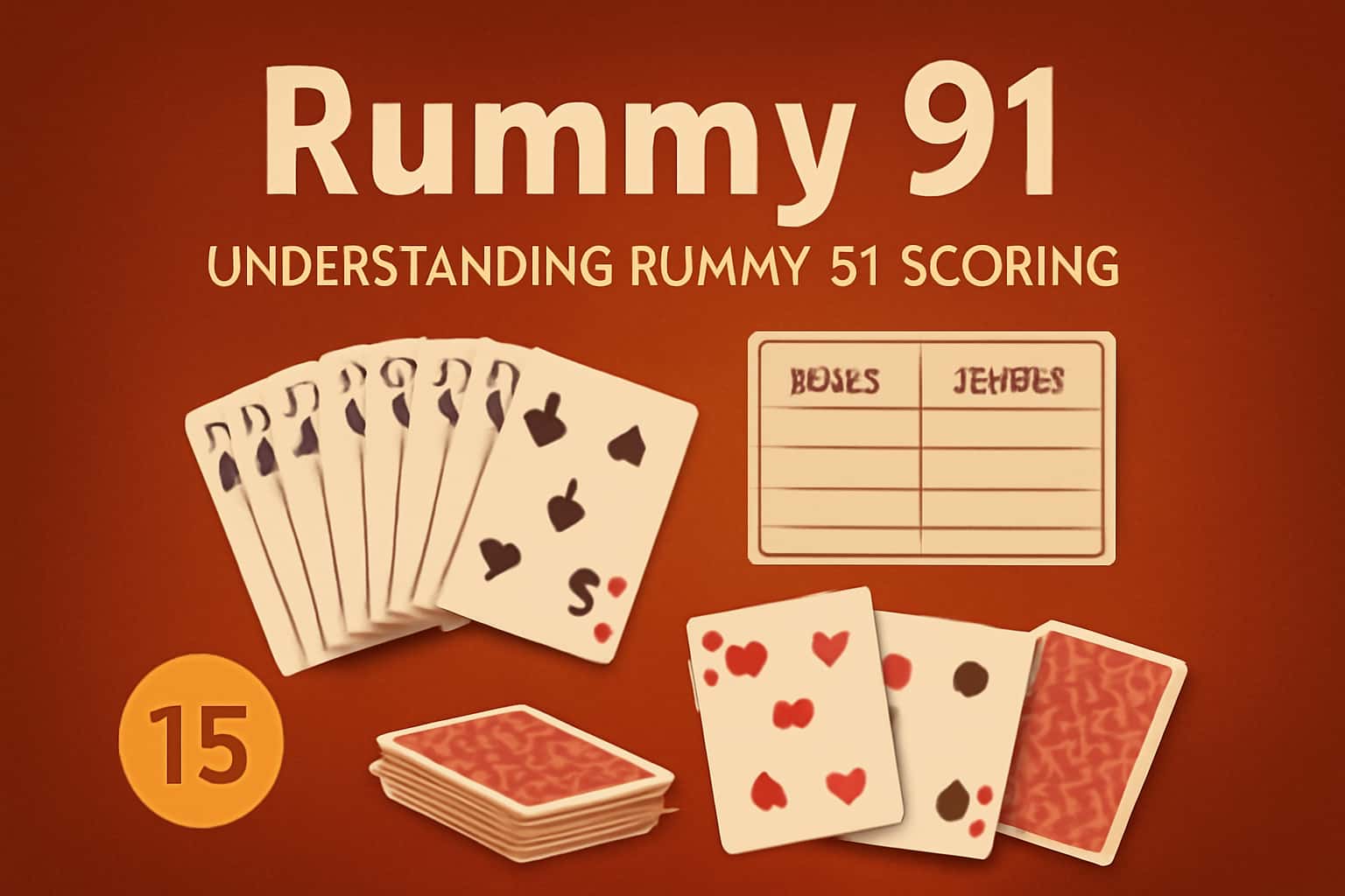 An informative depiction of Rummy 91 scoring with card examples.