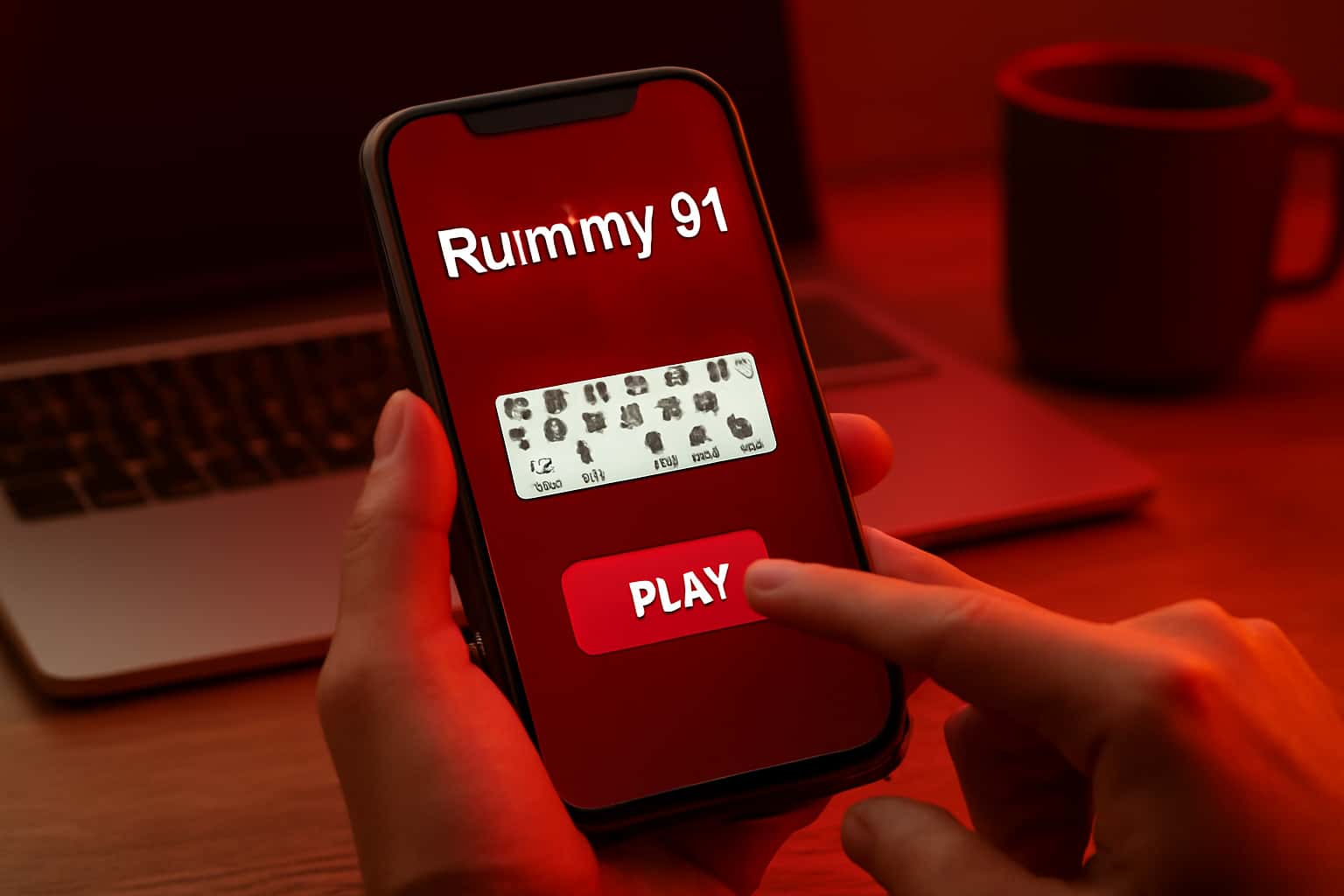 Informational scene showcasing the Rummy 91 app interface.